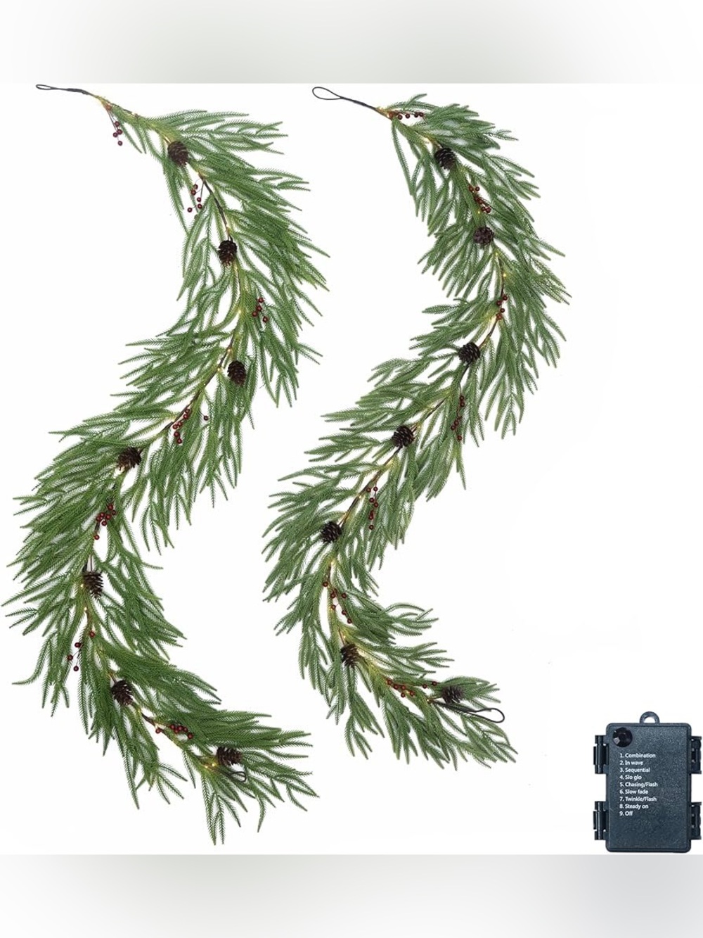 2 Pcs 6 Feet Christmas Real Touch Norfolk Pine Garland with LED String Lights